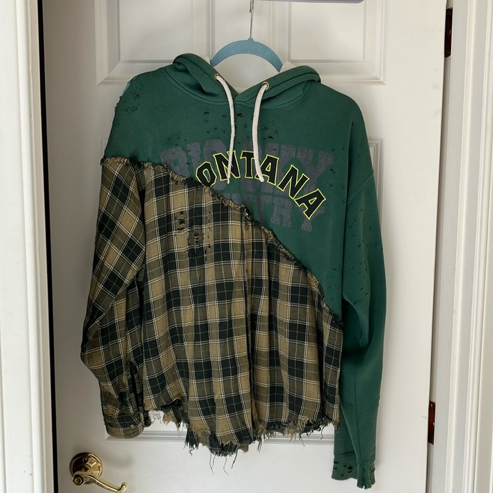 Distressed, vintage reworked LF boutique plaid Montana hoodie